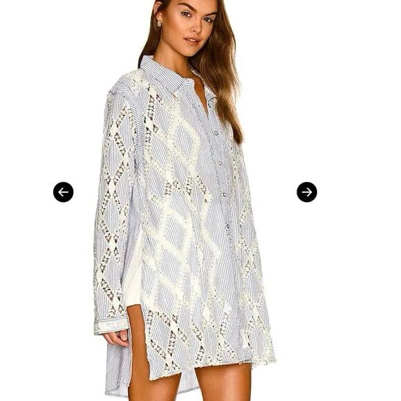 Free People Top small button down all over crochet oxford Maldives Stripes NWT - Picture 6 of 14